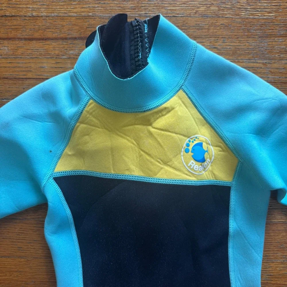 Realon Kids Full Body Wetsuit Teal Yellow‎ Black Neoprene Size S Long Sleeve
